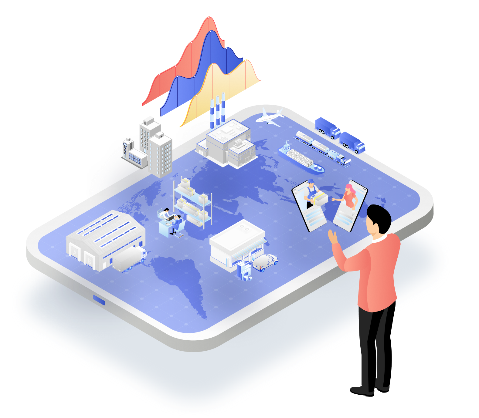 サプライチェーン全体を俯瞰するイメージイラスト。世界地図の上に工場・倉庫・オフィス・店舗・物流・EC配送などの拠点が並び、推移のグラフとともに人物がそれを見渡している。